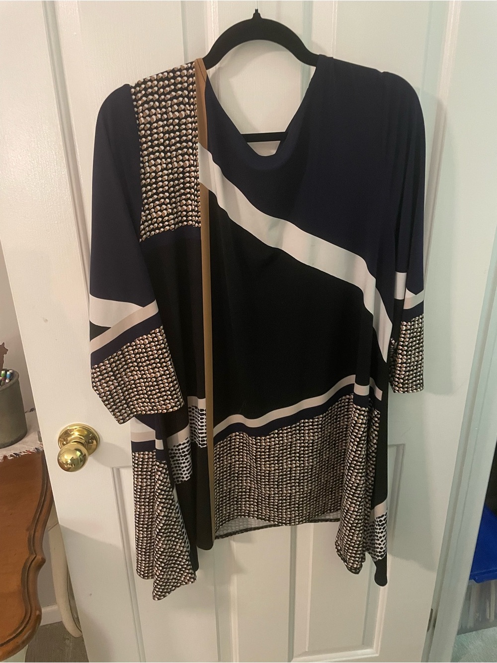 Alfani Navy, White & Brown Patterned Draped Tunic